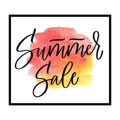 Summer sale lettering on red and yellow watercolor stain in the frame. Vector illustration. Artistic calligraphy. - 214234532