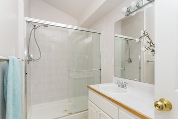Renovated interior of a white bathroom.