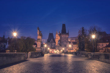 Charles bridge (Karluv most) at night, scenic view of the Lesser, Prague, Czech Republic