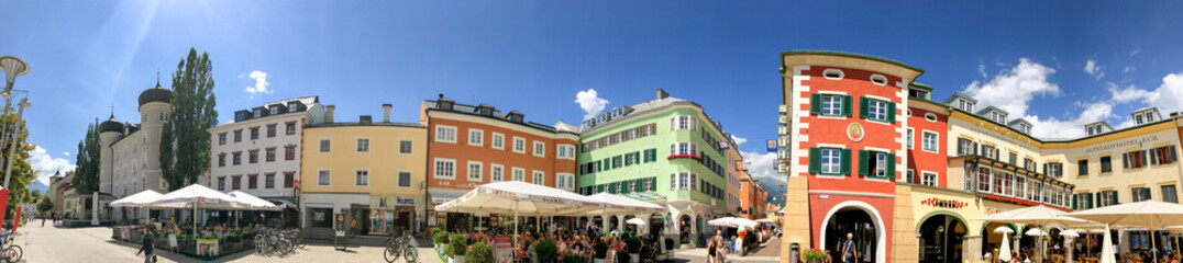 LIENZ, AUSTRIA - JULY 13, 2017: Panoramic view of city main square. The city is a major attraction in Tyrol area