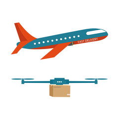 Logistics and delivery icon service of helicopter with package and plane  isolated on white background.