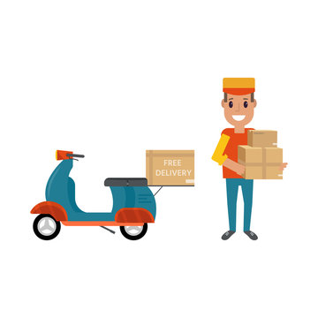 Logistics and delivery icon service isolated on white background: scooter, smiling character with packages; motorcycle; bike and parcel.
