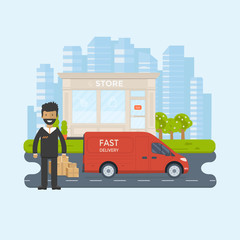 Flat style vector illustration delivery service concept. Truck with box container,store,  shop shipping with sity background