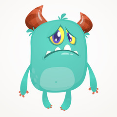 Cute crying cartoon monster with horns. Vector illustration