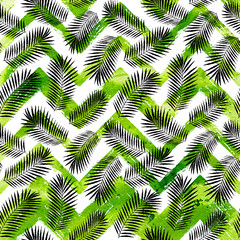 Watercolor tropical background with palm leaves on ZigZag stripe texture. Raster summer design.