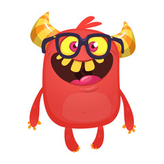 Cartoon red monster nerd wearing glasses. Vector illustration isolated