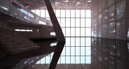 Empty smooth abstract room interior of sheets rusted metal . Architectural background. 3D illustration and rendering