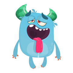 Cute blue horned cartoon monster. Funny flying monster showing tongue. Halloween vector illustration