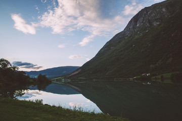 mountain reflection on quiet lake water