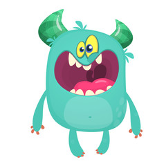 Happy cool cartoon fat monster. Blue and horned vector monster character