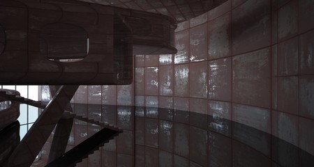 Empty smooth abstract room interior of sheets rusted metal . Architectural background. 3D illustration and rendering