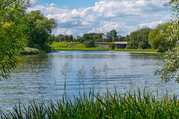 a large lake with a blue water board. A place for good fishing