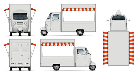 Food truck vector mockup. Isolated template of delivery tricycle on white background for vehicle branding, corporate identity. View from side, front, back, and top, easy editing and recolor.