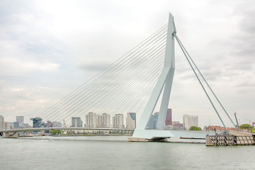 Urban skyline of modern and innovative Rotterdam popping against a white sky.