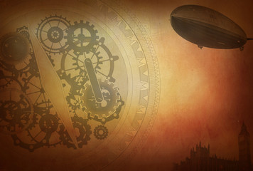 Steampunk canvas paper airship background, clock retro vintage grunge old collage wallpaper