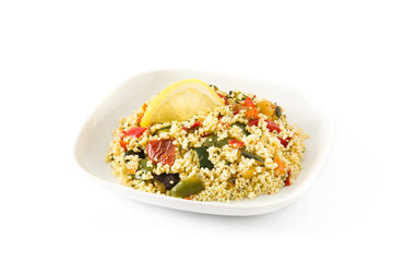 Couscous with vegetables isolated on white background