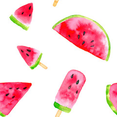 Watercolor watermelon slices seamless pattern. Raster hand drawn background