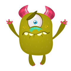 Cute cartoon monster with horns and one eye. Crying monster emotion. Halloween vector illustration