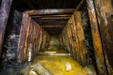 Underground abandoned ore mine shaft tunnel gallery