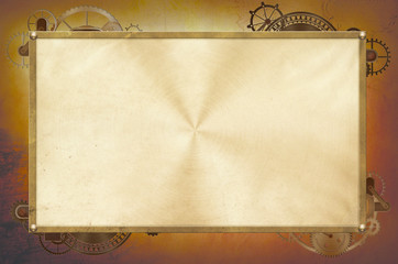 Retro background, Steampunk vintage metal frame with rusty grunge collage, cogs, dark elements, wheels and gears on paper canvas dirty texture 