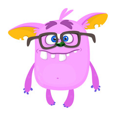 Silly cool cartoon monster wearing eyeglasses. Vector Halloween character. Troll or goblin or gremlin mascot