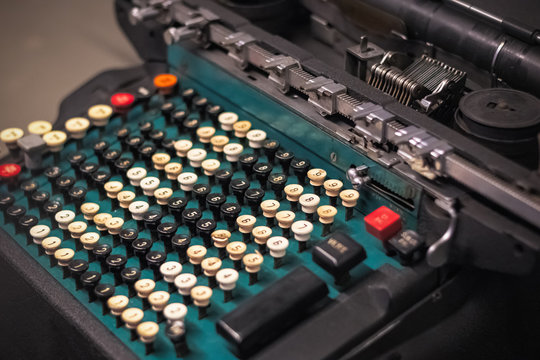 Selective focus, vintage calculator machine displayed at the Science Museum, London