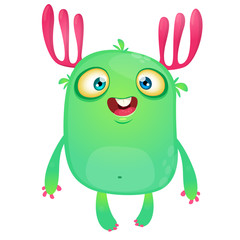 Cute tiny monster baby with pink horns and smile. Vector isolated