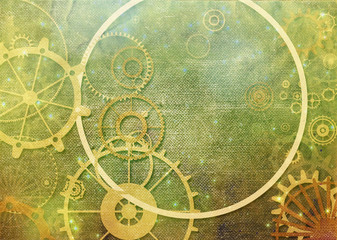 Fototapeta na wymiar Steampunk vintage metal frame background with rusty grunge collage, cogs, dark elements, wheels and gears on paper canvas dirty texture 