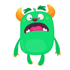 Cartoon green monster. Monster illustration with surprised expression. Shocking green gremlin or troll mascot design. Vector Halloween illustration