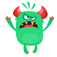 Angry cartoon green monster screaming. Yelling angry monster expression. Halloween vector illustration