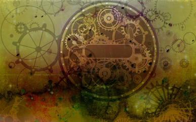 Steampunk vintage metal frame background with rusty grunge collage, cogs, dark elements, wheels and gears on paper canvas dirty texture 