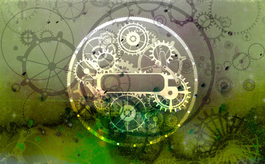 Steampunk vintage frame sign background, canvas paper, poster illustration of rusty grunge collage, cogs, dark elements, wheels and gears