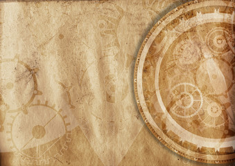 Steampunk background vintage clock compass, canvas paper collage