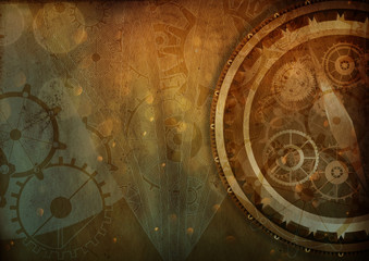 Fototapeta na wymiar Steampunk background vintage clock compass, canvas paper collage
