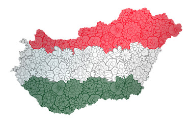 Flag and map of Hungary with flowers. Conceptual vector image, isolated on white