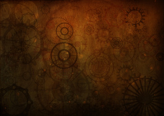 Frame vintage steampunk background, gears and cogs on canvas paper, old grunge