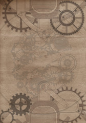 Fototapeta na wymiar Steampunk clock compass on background with cogs, gears on canvas paper