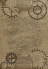 Fototapeta na wymiar Steampunk London vintage travel background, airship, map, compass, clock, gears and cogs on grunge canvas paper