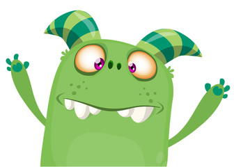 Cartoon green funny monster waving. Vector illustration for banner, print, sticker or party decoration