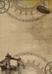 Steampunk London vintage travel background, airship, map, compass, clock, gears and cogs on grunge canvas paper
