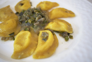 Ravioli pasta with vegetables ragout