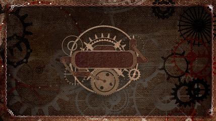 Steampunk vintage frame, banner background, menu, cogs, gears on grunge canvas paper