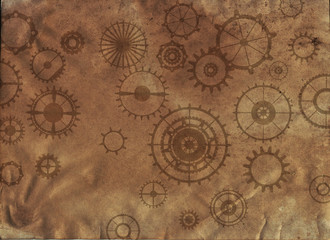 Fototapeta na wymiar Steampunk vintage frame, banner background, menu, cogs, gears on grunge canvas paper