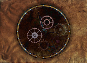 Steampunk background vintage clock compass, canvas paper collage