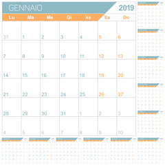 Italian Calendar 2019 / Italian planning calendar 2019, English calendar template for year 2019, set of 12 months, week starts on Monday, printable calendar templates vector illustration
