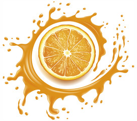 Orange juice splash with many drops 
