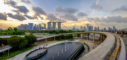 Panoramic view Singapore's Marina Barrage overlooks Marina Bay Sands and Gardens by the Bay at...