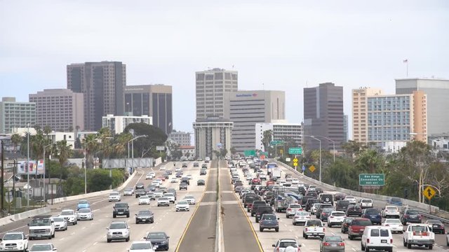 San Diego, JUN 29: Aerial view of the highway and downtown on JUN 29, 2018 at San Diego, California