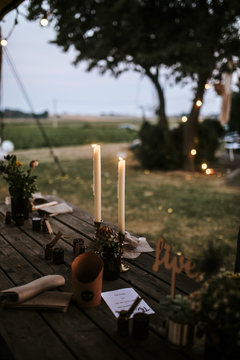 candles on wooden table