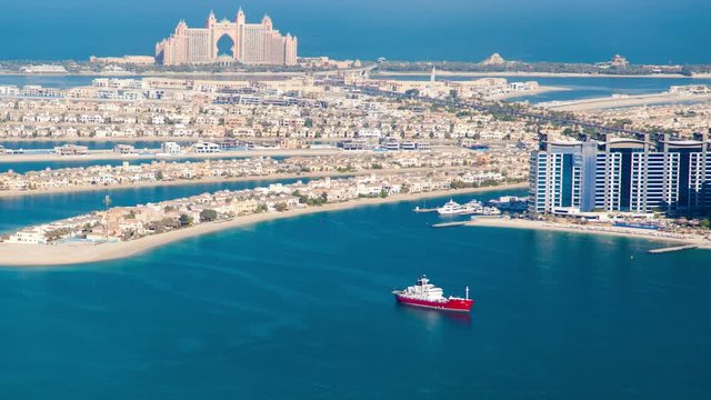Aerial view of the Palm Jumeirah day time-lapse from a rooftop, Dubai 